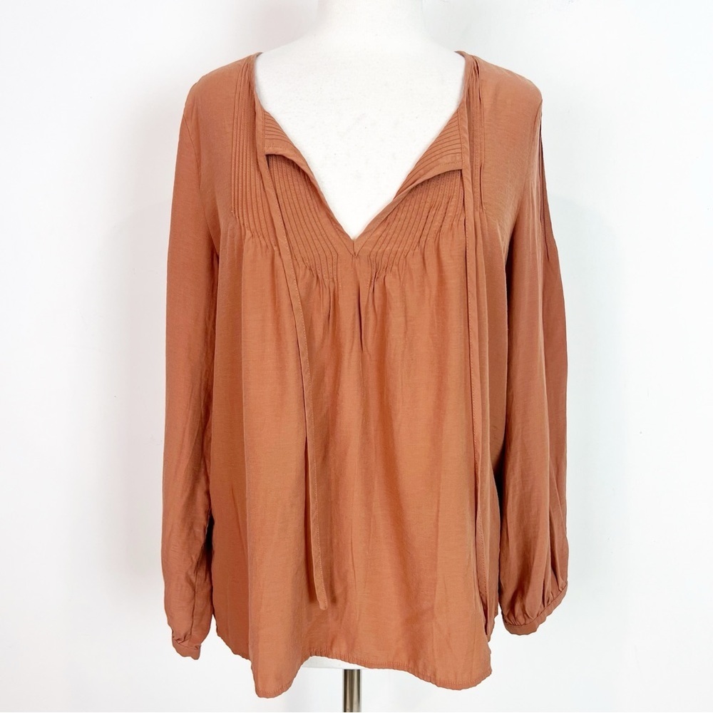 GRADE & GATHER RUST BROWN TIE NECKLINE BOHO BLOUSE SHIRT WOMENS LARGE